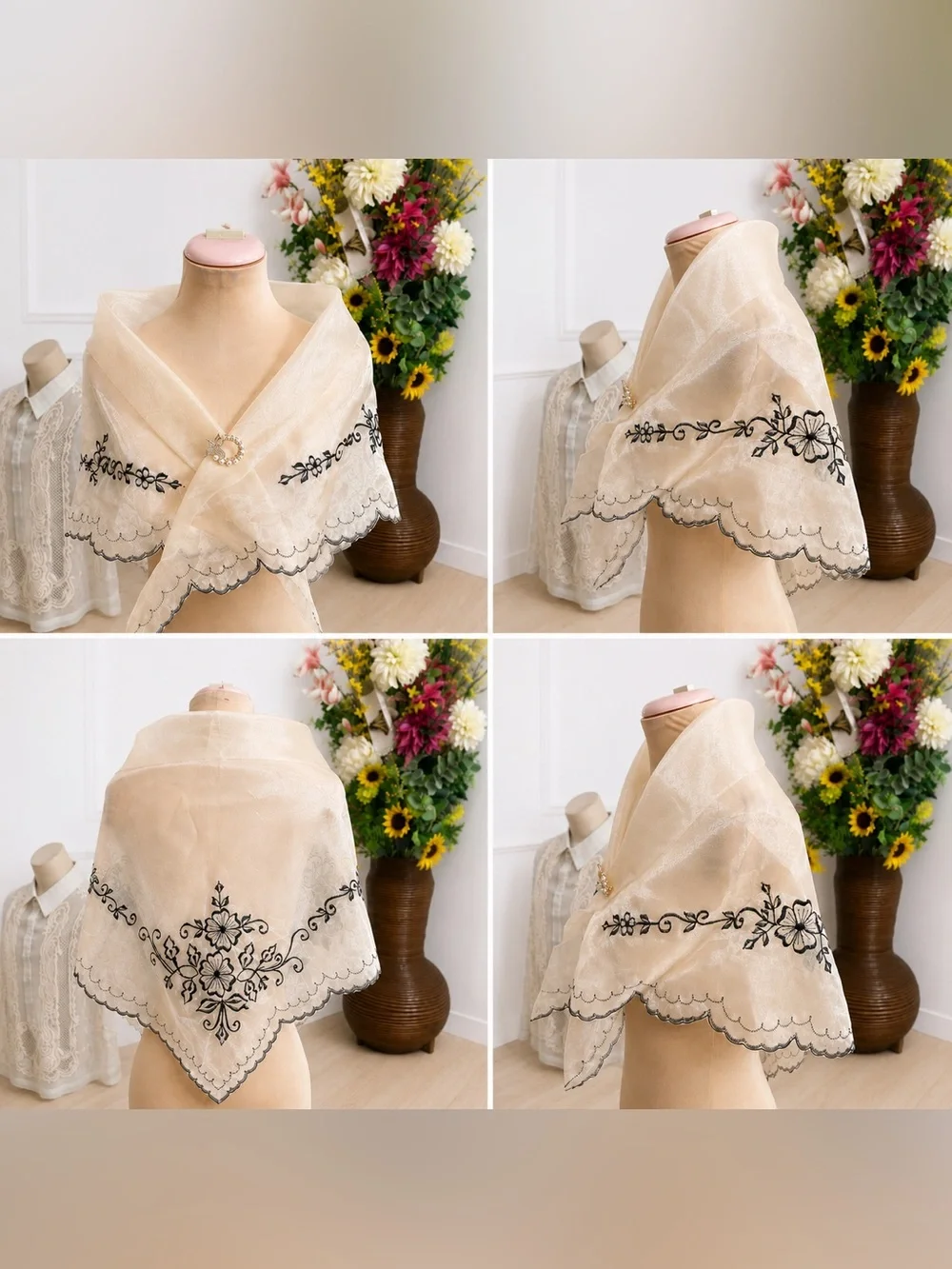 Filipiniana AlampayDelicate Cream Embroidered Floral Shawl with Black Detailing